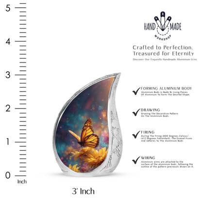 Celestial Blue Butterfly Cremation Urn angled view of lid and engraved motif - flowing teardrop butterfly silhouette on curved aluminum - mini keepsake memorial for portion of cremation ashes