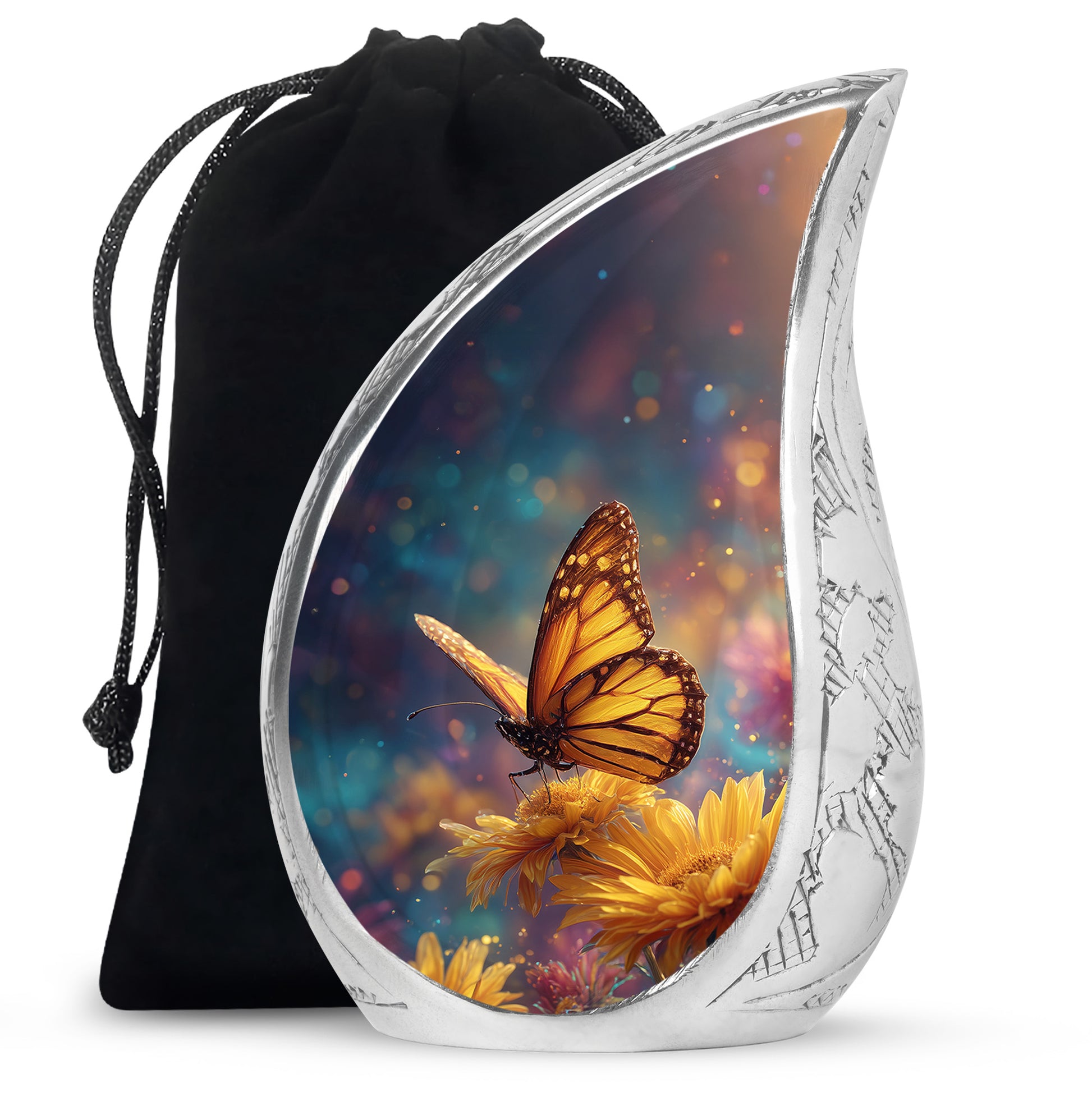 Sky Blue Butterfly Cremation Urn front view showing detailed design - flowing teardrop butterfly silhouette on curved aluminum - full-size 10 inch 200 cubic inch adult cremation urn