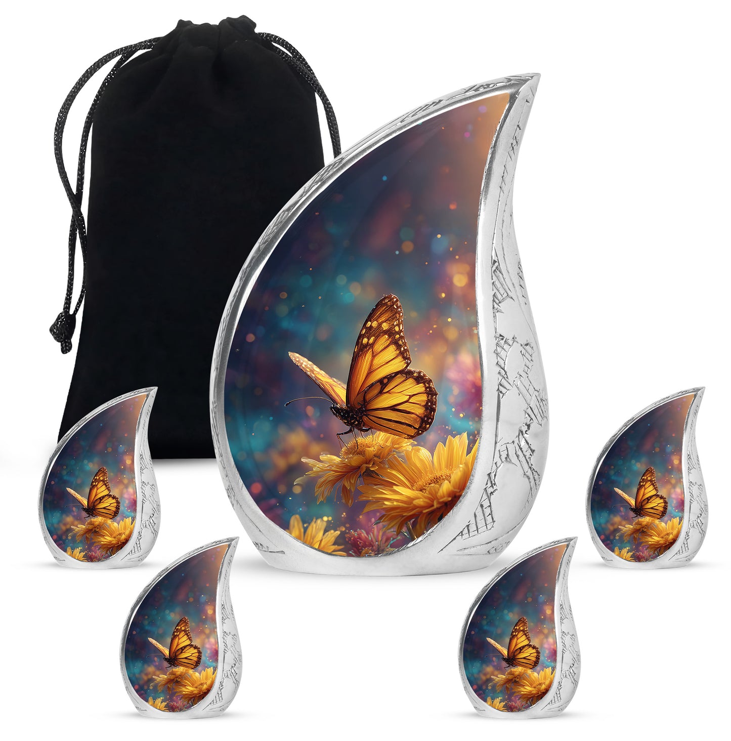 Navy Blue Butterfly Cremation Urn side profile showing urn shape - rounded teardrop butterfly design with delicate detail - memorial set with one large and four small urns