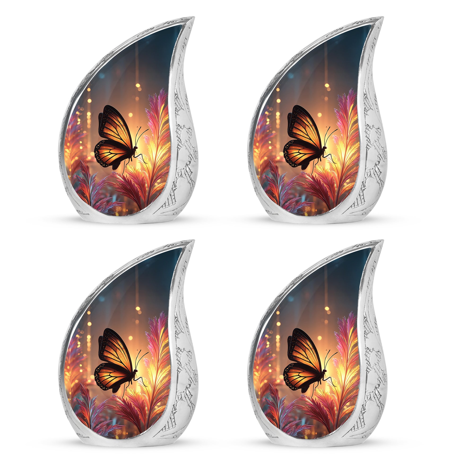 Warm Gold Butterfly Cremation Urn close-up of engraving and surface detail - smooth teardrop contour featuring butterfly art - 10 inch aluminum urn for cremated remains