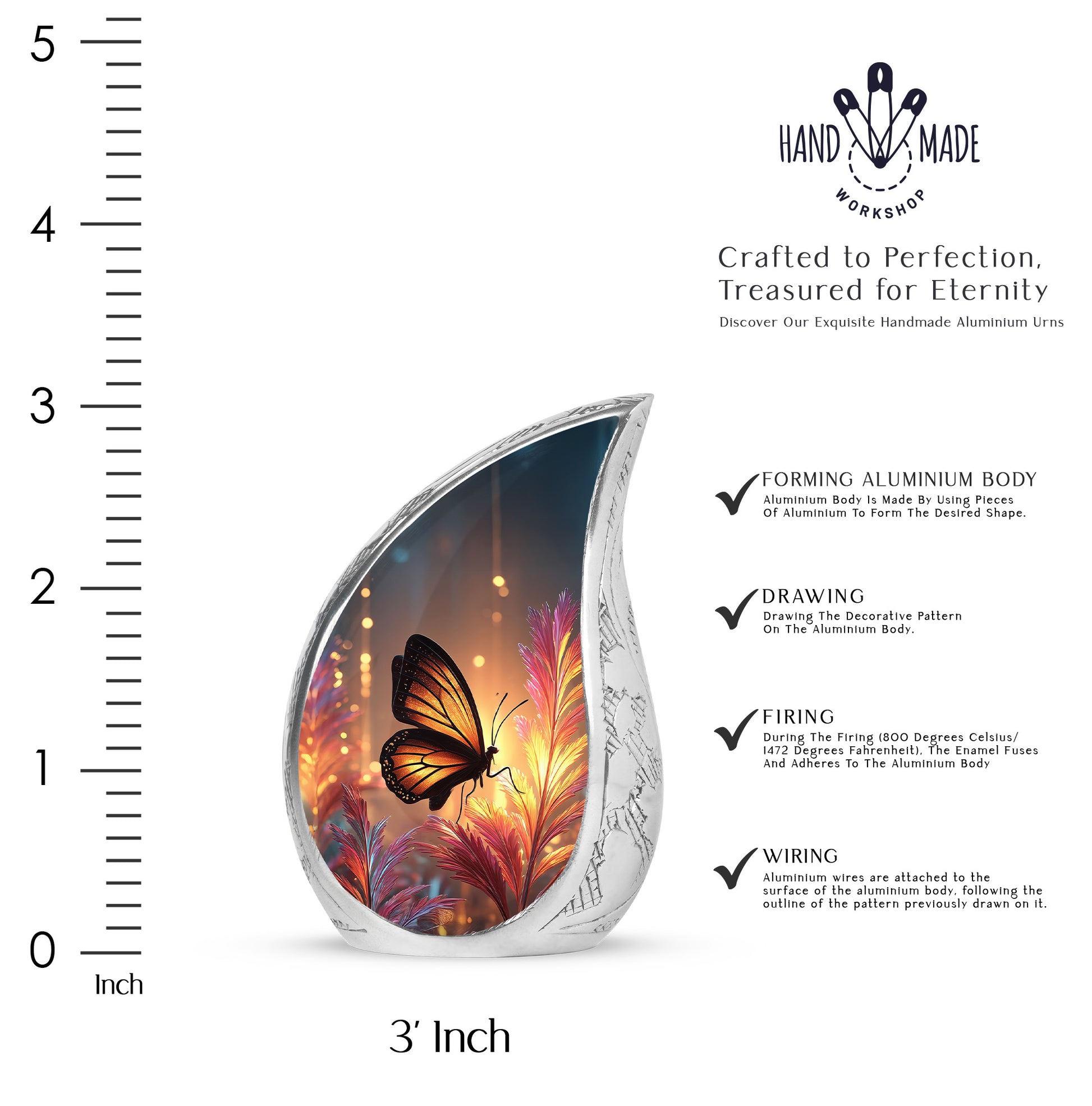 Burnished Gold Butterfly Cremation Urn angled view of lid and engraved motif - smooth teardrop contour featuring butterfly art - mini keepsake memorial for portion of cremation ashes