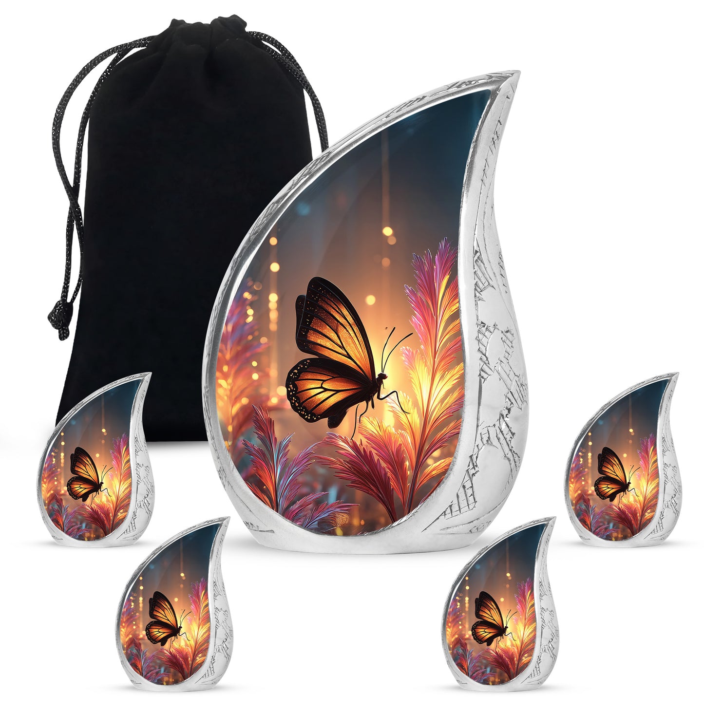 Antique Gold Butterfly Cremation Urn side profile showing urn shape - flowing teardrop butterfly silhouette on curved aluminum - memorial set with one large and four small urns