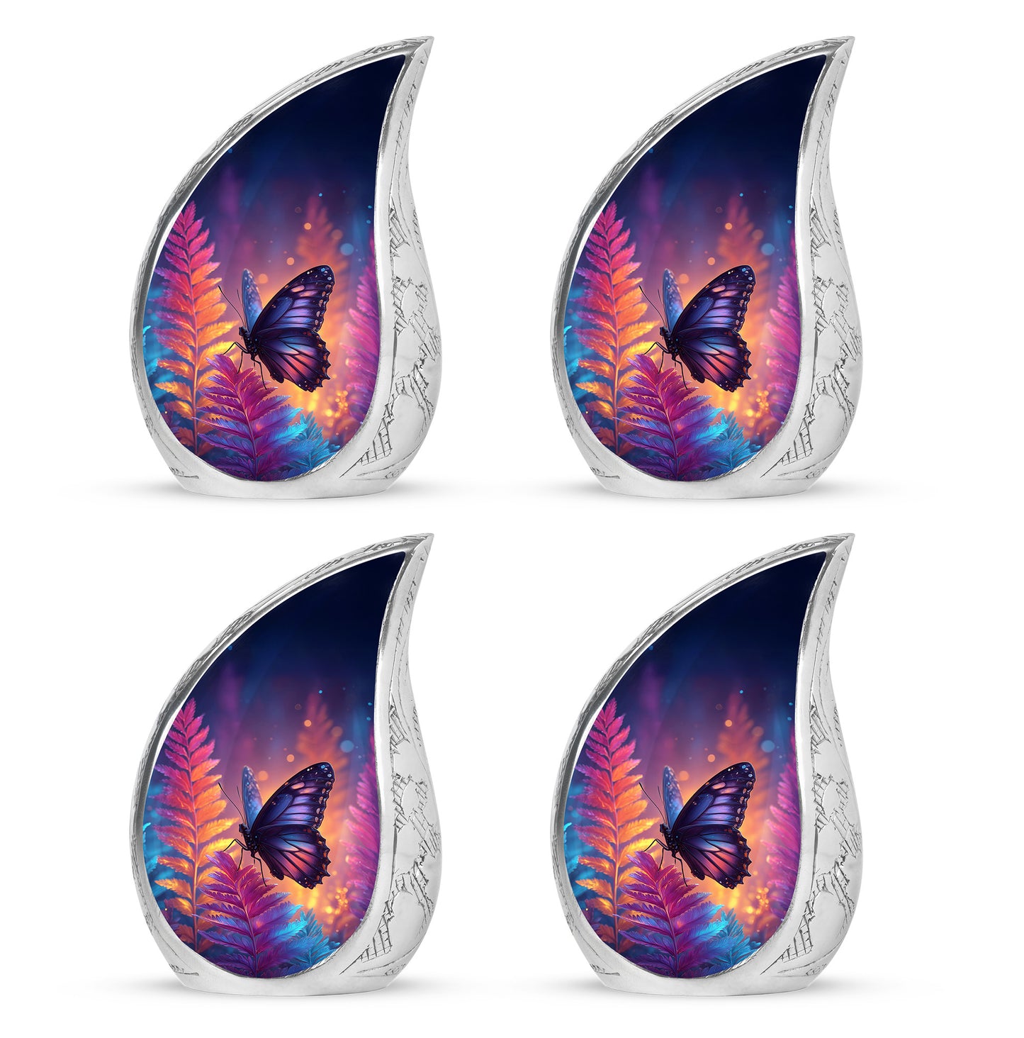 Sapphire Blue Butterfly Cremation Urn close-up of engraving and surface detail - smooth teardrop contour featuring butterfly art - 10 inch aluminum urn for cremated remains