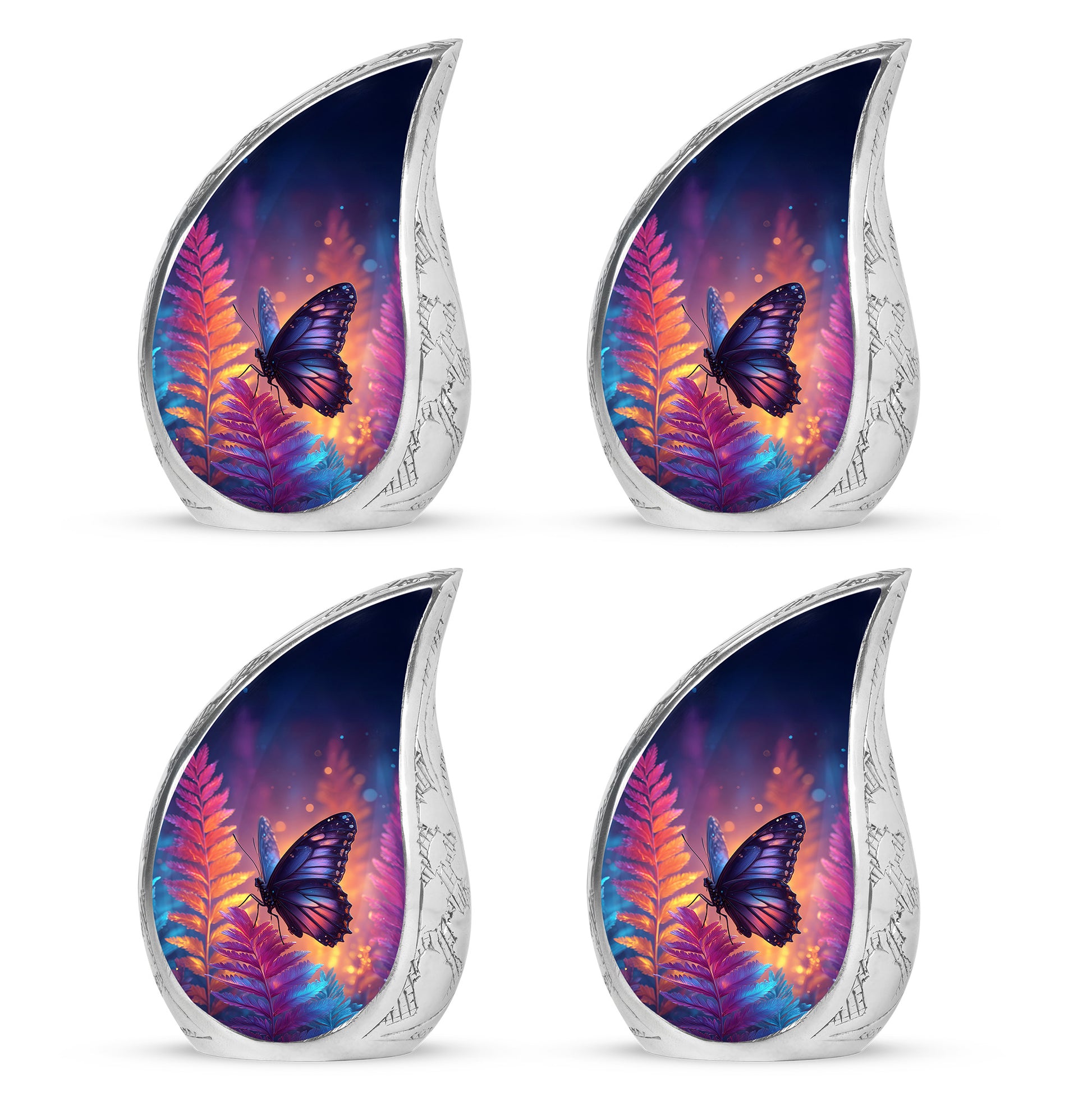 Sapphire Blue Butterfly Cremation Urn close-up of engraving and surface detail - smooth teardrop contour featuring butterfly art - 10 inch aluminum urn for cremated remains