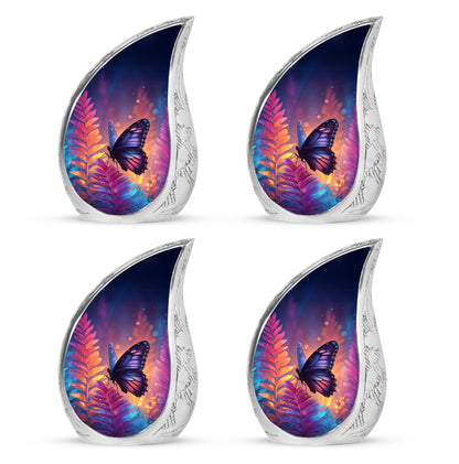 Sapphire Blue Butterfly Cremation Urn close-up of engraving and surface detail - smooth teardrop contour featuring butterfly art - 10 inch aluminum urn for cremated remains