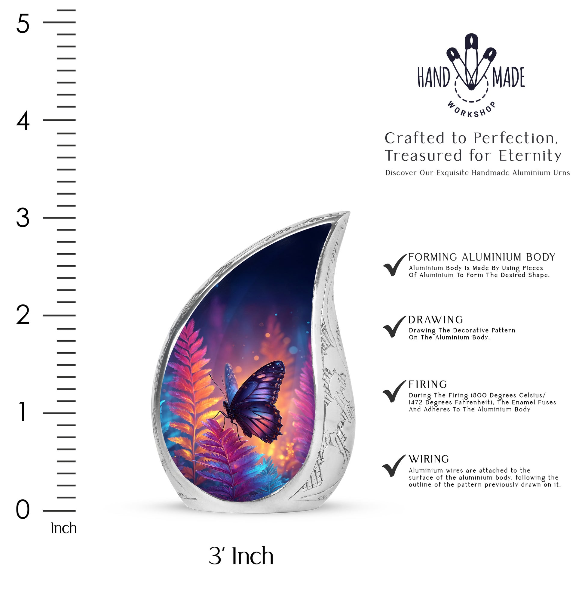 Bright Blue Butterfly Cremation Urn angled view of lid and engraved motif - graceful tear-shaped urn with butterfly motif - mini keepsake memorial for portion of cremation ashes