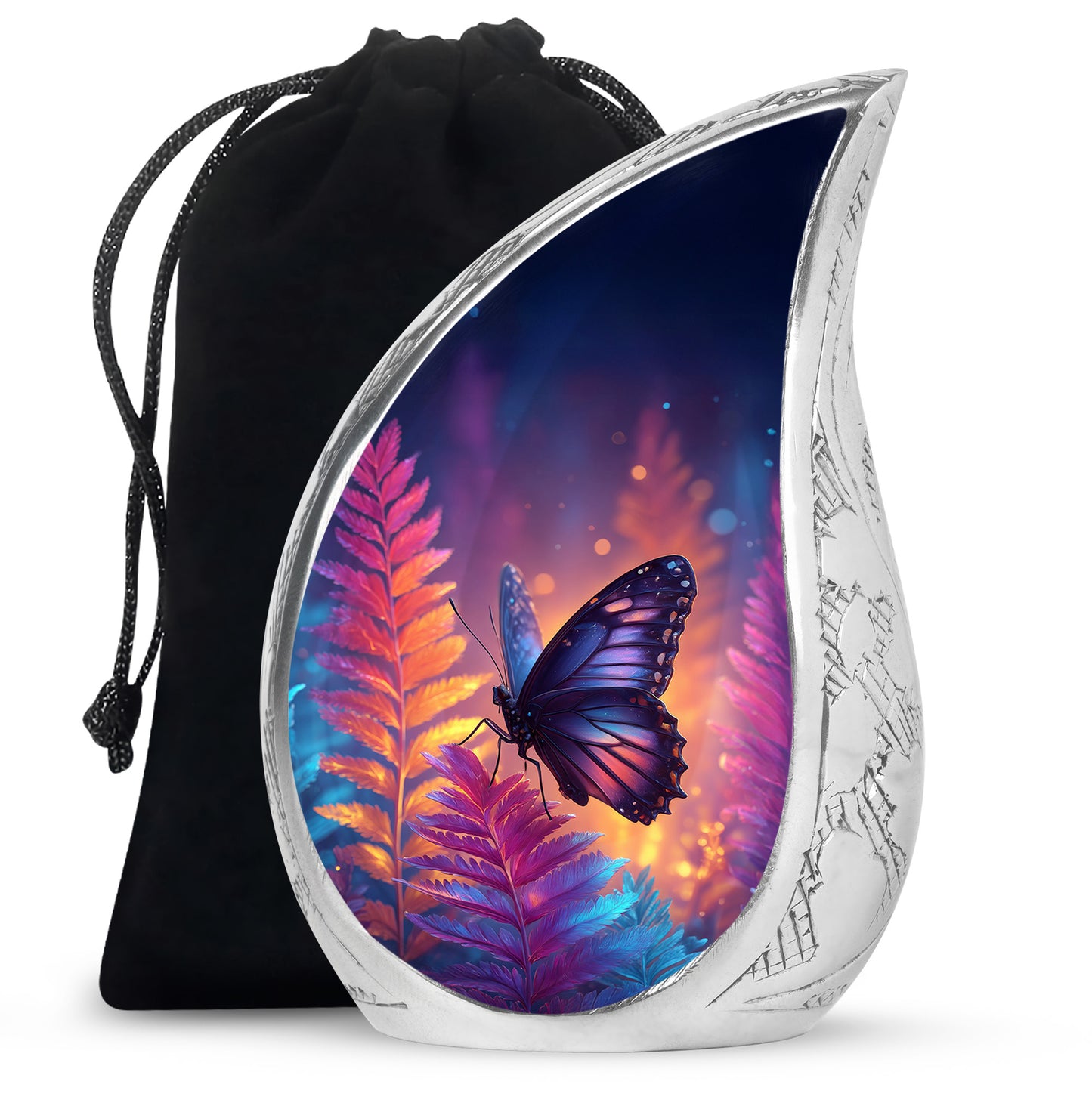 Sapphire Blue Butterfly Cremation Urn front view showing detailed design - smooth teardrop contour featuring butterfly art - full-size 10 inch 200 cubic inch adult cremation urn