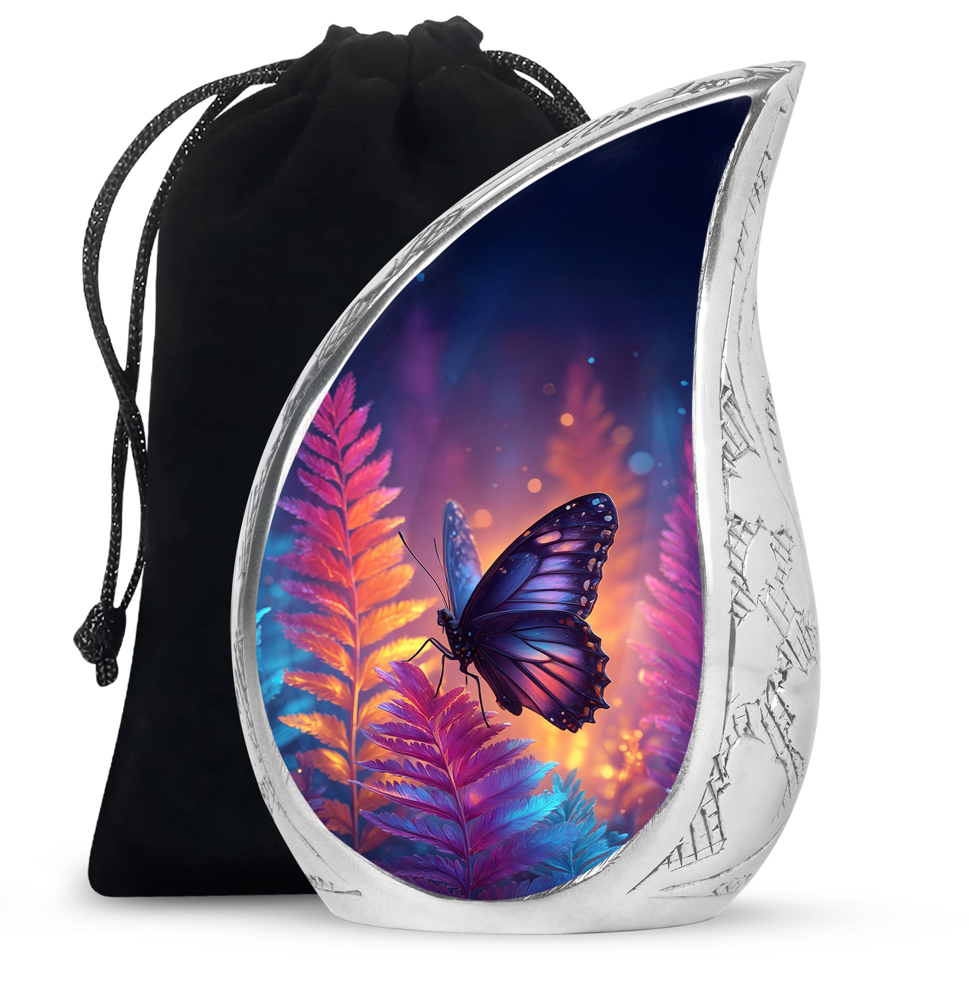 Sapphire Blue Butterfly Cremation Urn front view showing detailed design - smooth teardrop contour featuring butterfly art - full-size 10 inch 200 cubic inch adult cremation urn