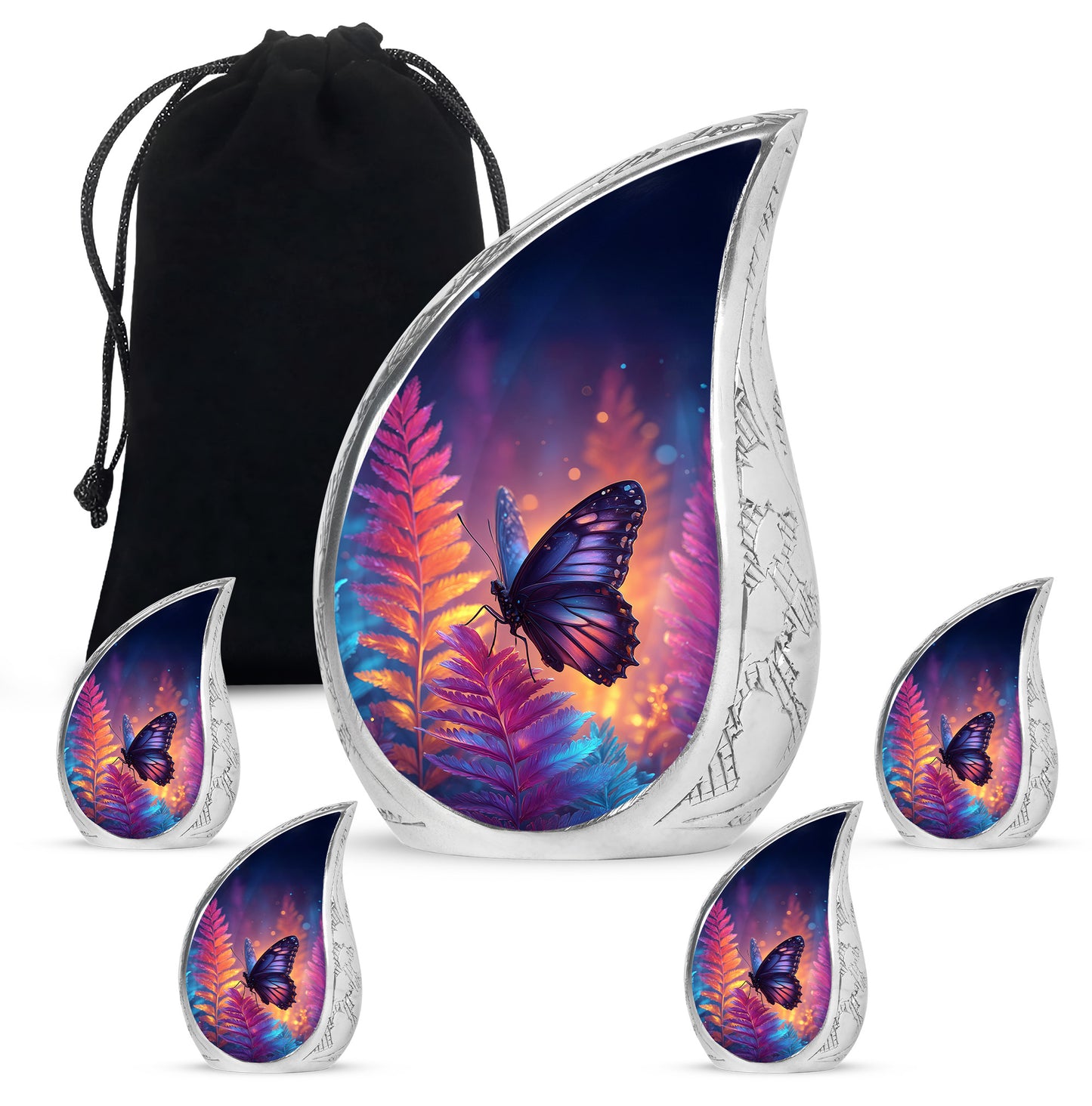Serene Blue Butterfly Cremation Urn side profile showing urn shape - graceful tear-shaped urn with butterfly motif - memorial set with one large and four small urns
