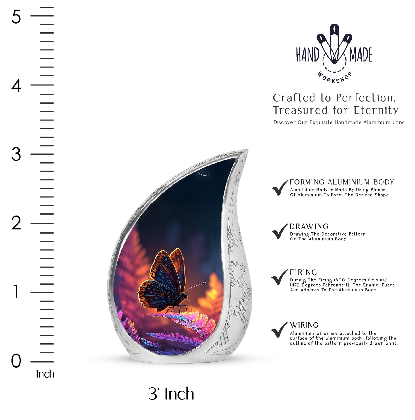 Dusty Blue Butterfly Cremation Urn angled view of lid and engraved motif - rounded teardrop butterfly design with delicate detail - mini keepsake memorial for portion of cremation ashes