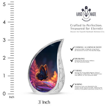 Dusty Blue Butterfly Cremation Urn angled view of lid and engraved motif - rounded teardrop butterfly design with delicate detail - mini keepsake memorial for portion of cremation ashes