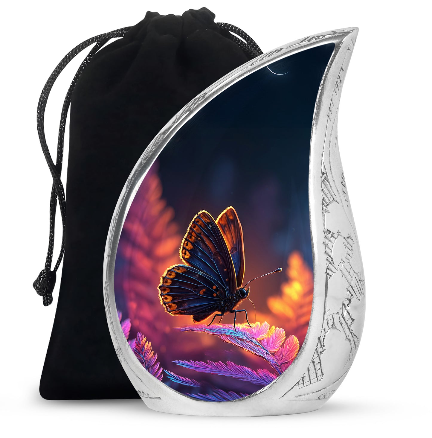Cobalt Blue Butterfly Cremation Urn front view showing detailed design - smooth teardrop contour featuring butterfly art - full-size 10 inch 200 cubic inch adult cremation urn