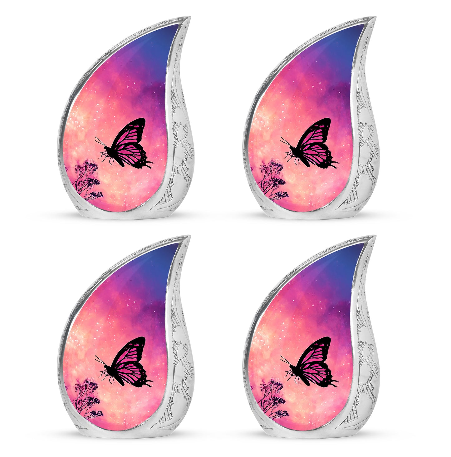 Salmon Pink Butterfly Cremation Urn close-up of engraving and surface detail - smooth teardrop contour featuring butterfly art - 10 inch aluminum urn for cremated remains
