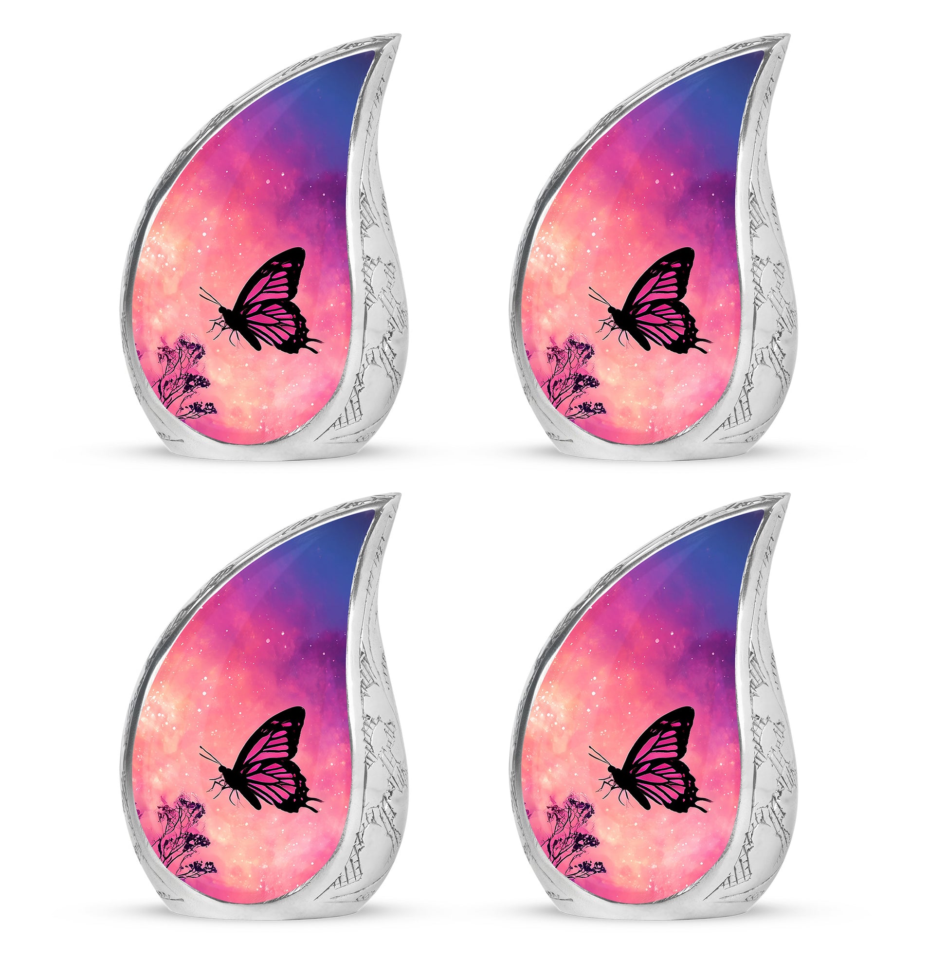 Salmon Pink Butterfly Cremation Urn close-up of engraving and surface detail - smooth teardrop contour featuring butterfly art - 10 inch aluminum urn for cremated remains