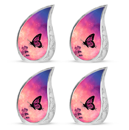 Salmon Pink Butterfly Cremation Urn close-up of engraving and surface detail - smooth teardrop contour featuring butterfly art - 10 inch aluminum urn for cremated remains