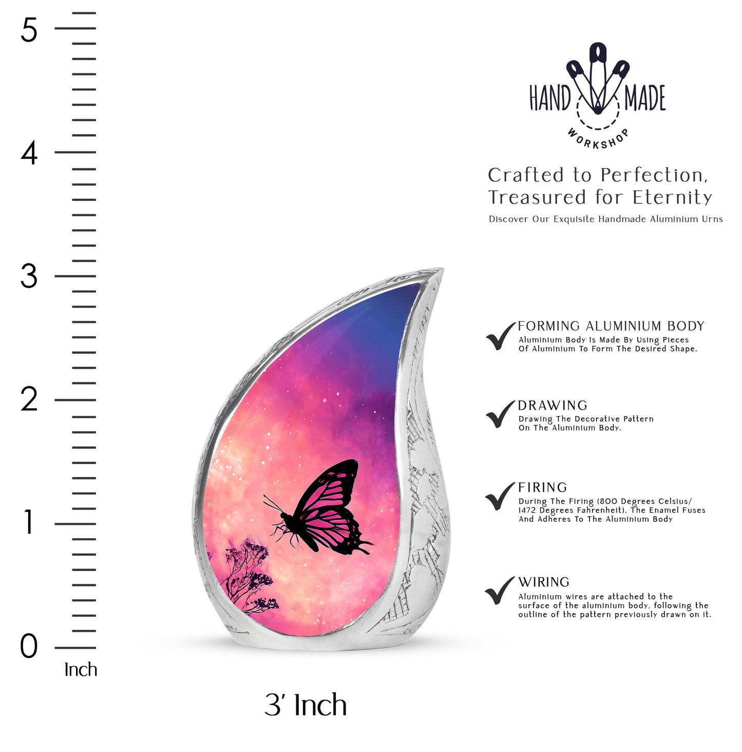 Soft Pink Butterfly Cremation Urn angled view of lid and engraved motif - smooth teardrop contour featuring butterfly art - mini keepsake memorial for portion of cremation ashes