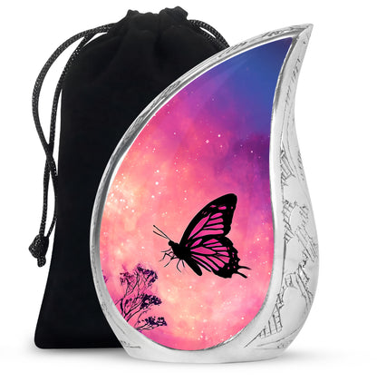 Pastel Pink Butterfly Cremation Urn front view showing detailed design - flowing teardrop butterfly silhouette on curved aluminum - full-size 10 inch 200 cubic inch adult cremation urn