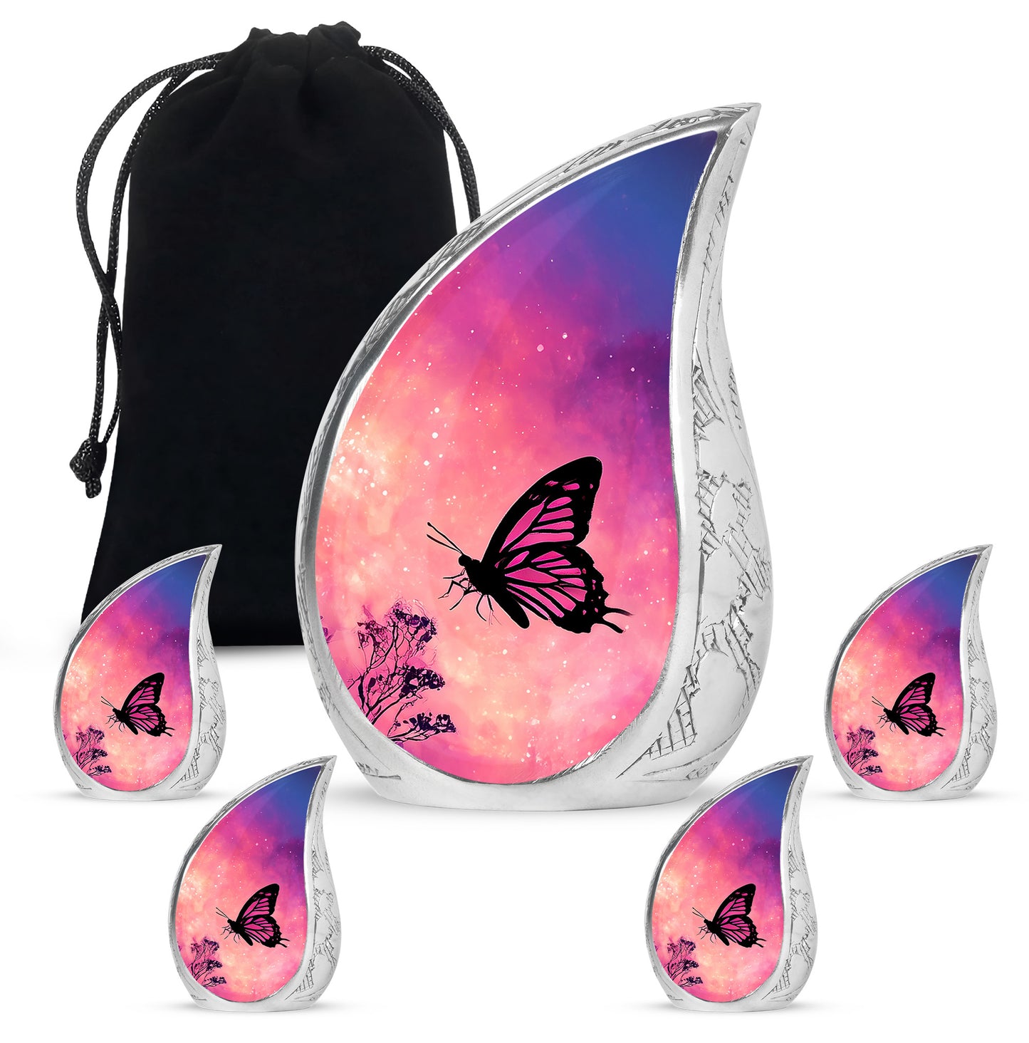 Dusty Pink Butterfly Cremation Urn side profile showing urn shape - smooth teardrop contour featuring butterfly art - memorial set with one large and four small urns