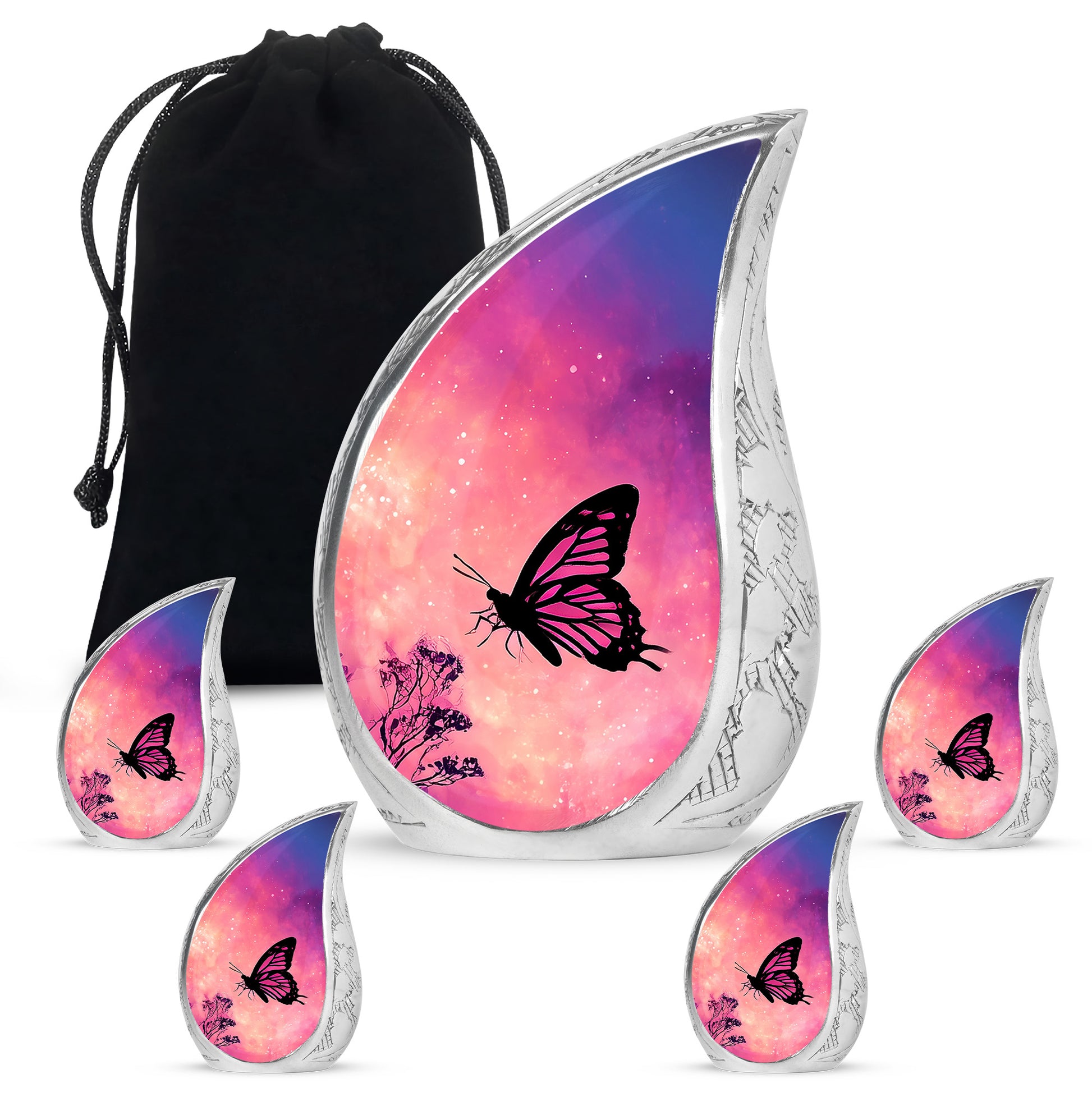 Dusty Pink Butterfly Cremation Urn side profile showing urn shape - smooth teardrop contour featuring butterfly art - memorial set with one large and four small urns
