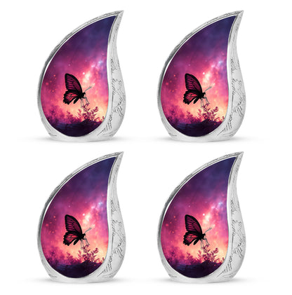 Petal Pink Butterfly Cremation Urn close-up of engraving and surface detail - graceful tear-shaped urn with butterfly motif - 10 inch aluminum urn for cremated remains