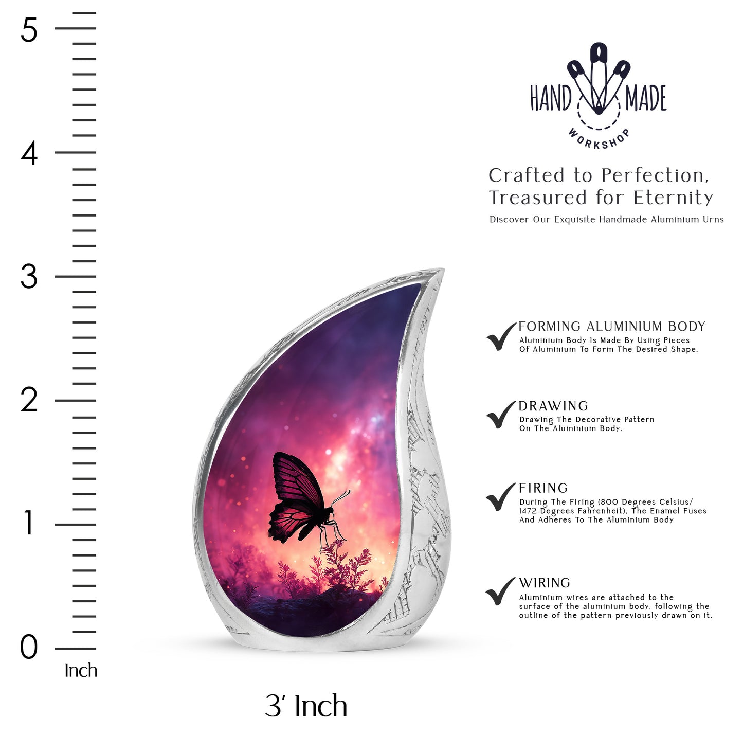 Peony Pink Butterfly Cremation Urn angled view of lid and engraved motif - flowing teardrop butterfly silhouette on curved aluminum - mini keepsake memorial for portion of cremation ashes