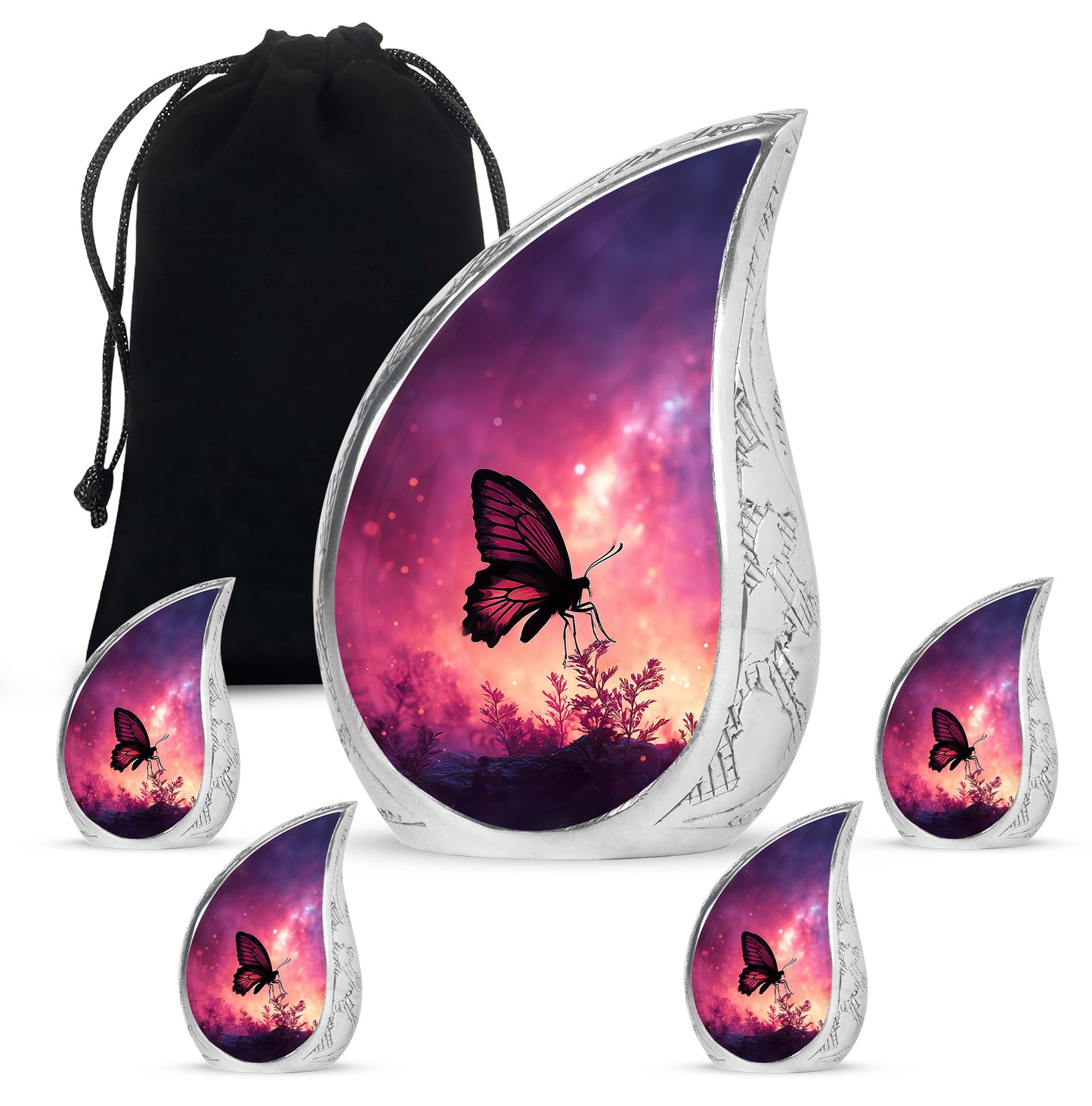 Peony Pink Butterfly Cremation Urn side profile showing urn shape - flowing teardrop butterfly silhouette on curved aluminum - memorial set with one large and four small urns