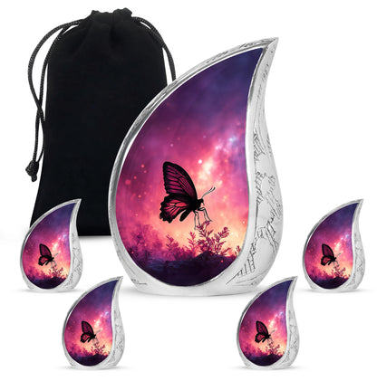 Peony Pink Butterfly Cremation Urn side profile showing urn shape - flowing teardrop butterfly silhouette on curved aluminum - memorial set with one large and four small urns