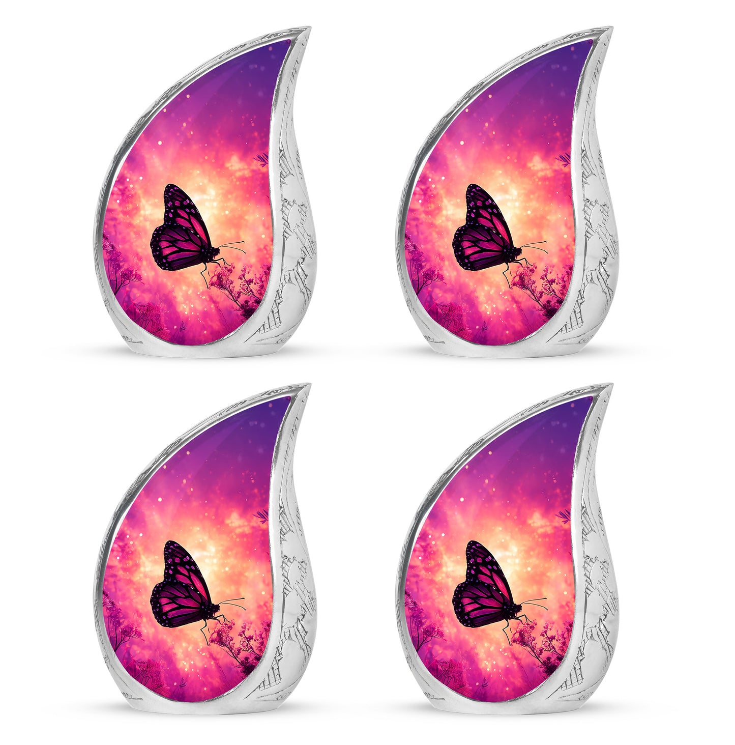 Salmon Pink Butterfly Cremation Urn close-up of engraving and surface detail - graceful tear-shaped urn with butterfly motif - 10 inch aluminum urn for cremated remains