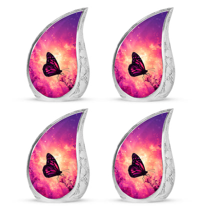 Salmon Pink Butterfly Cremation Urn close-up of engraving and surface detail - graceful tear-shaped urn with butterfly motif - 10 inch aluminum urn for cremated remains