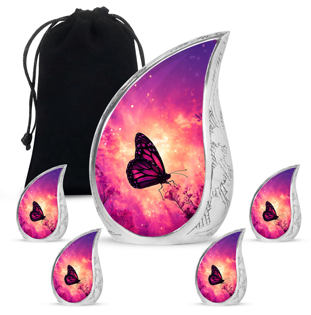 Pastel Pink Butterfly Cremation Urn side profile showing urn shape - rounded teardrop butterfly design with delicate detail - memorial set with one large and four small urns