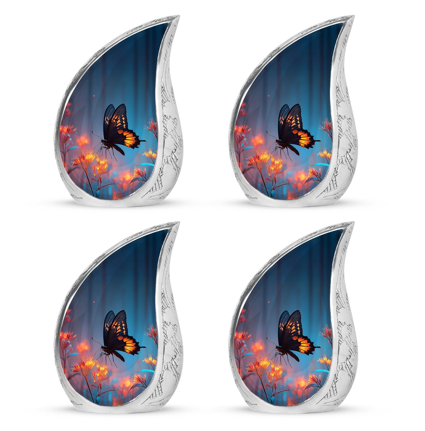Soft Blue Butterfly Cremation Urn close-up of engraving and surface detail - smooth teardrop contour featuring butterfly art - 10 inch aluminum urn for cremated remains