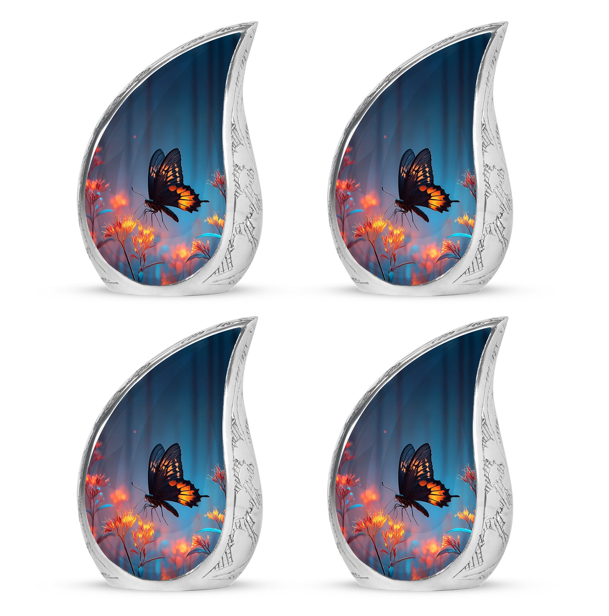 Soft Blue Butterfly Cremation Urn close-up of engraving and surface detail - smooth teardrop contour featuring butterfly art - 10 inch aluminum urn for cremated remains