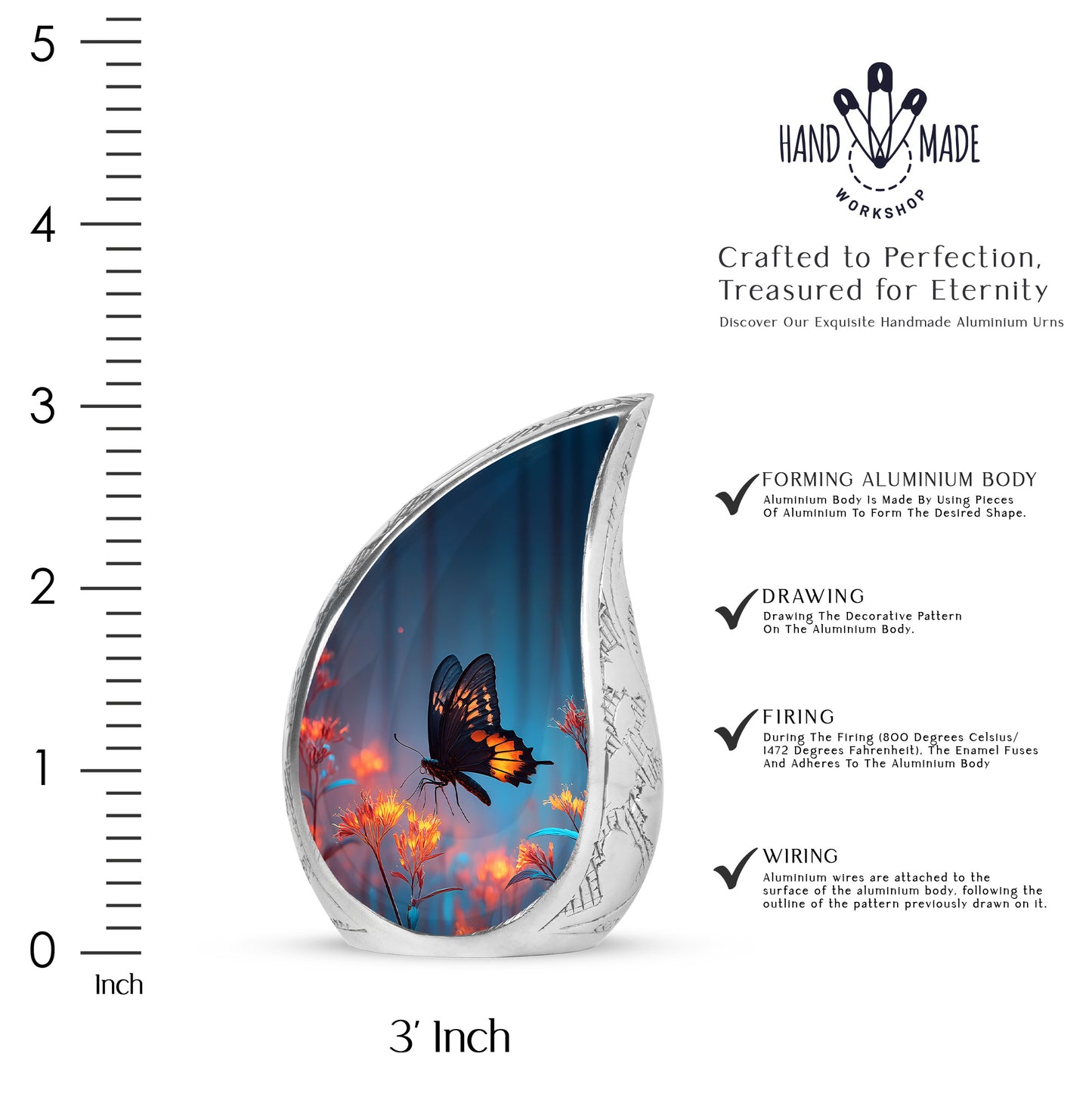 Soft Blue Butterfly Cremation Urn angled view of lid and engraved motif - graceful tear-shaped urn with butterfly motif - mini keepsake memorial for portion of cremation ashes