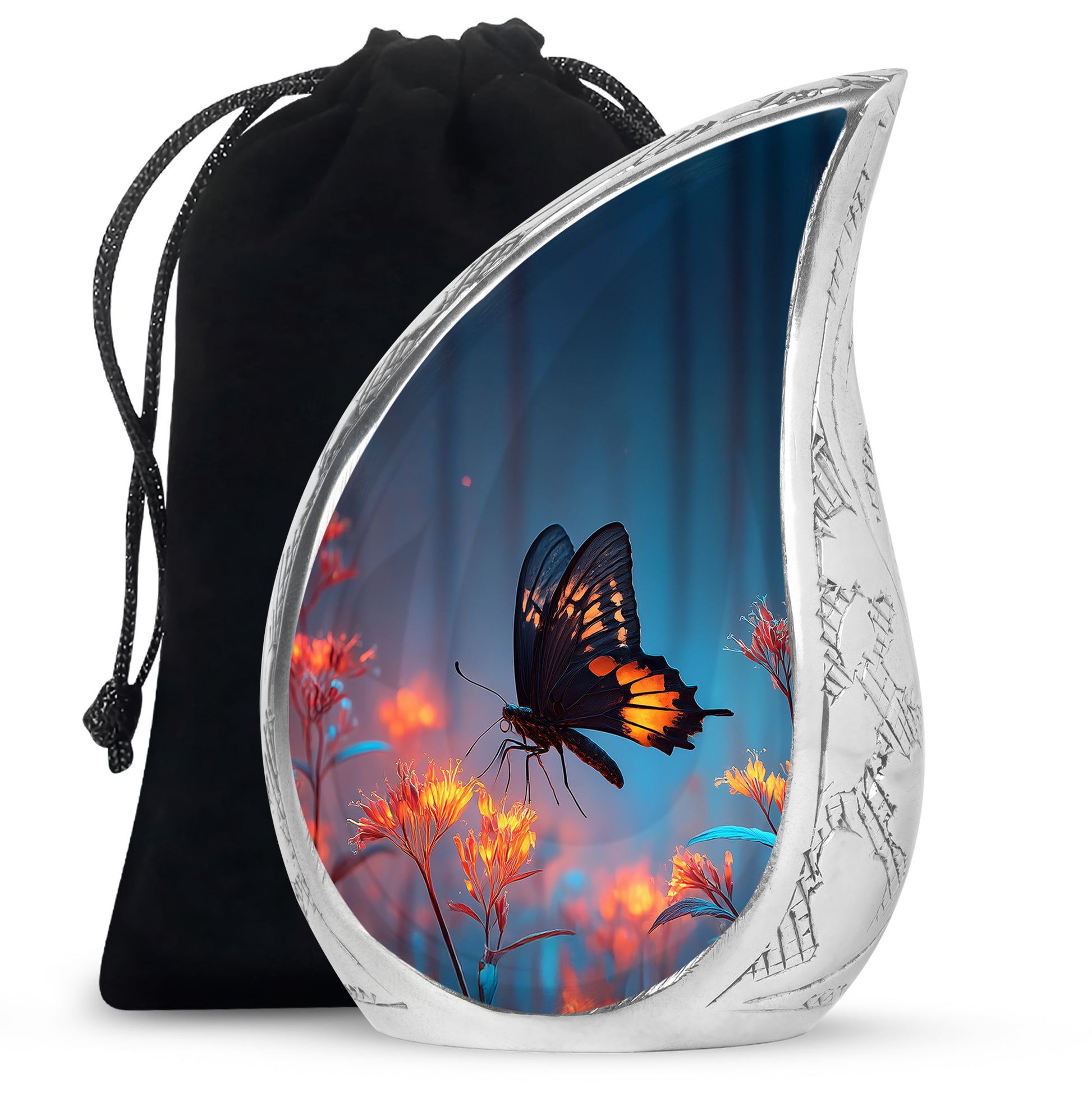 Bright Blue Butterfly Cremation Urn front view showing detailed design - graceful tear-shaped urn with butterfly motif - full-size 10 inch 200 cubic inch adult cremation urn