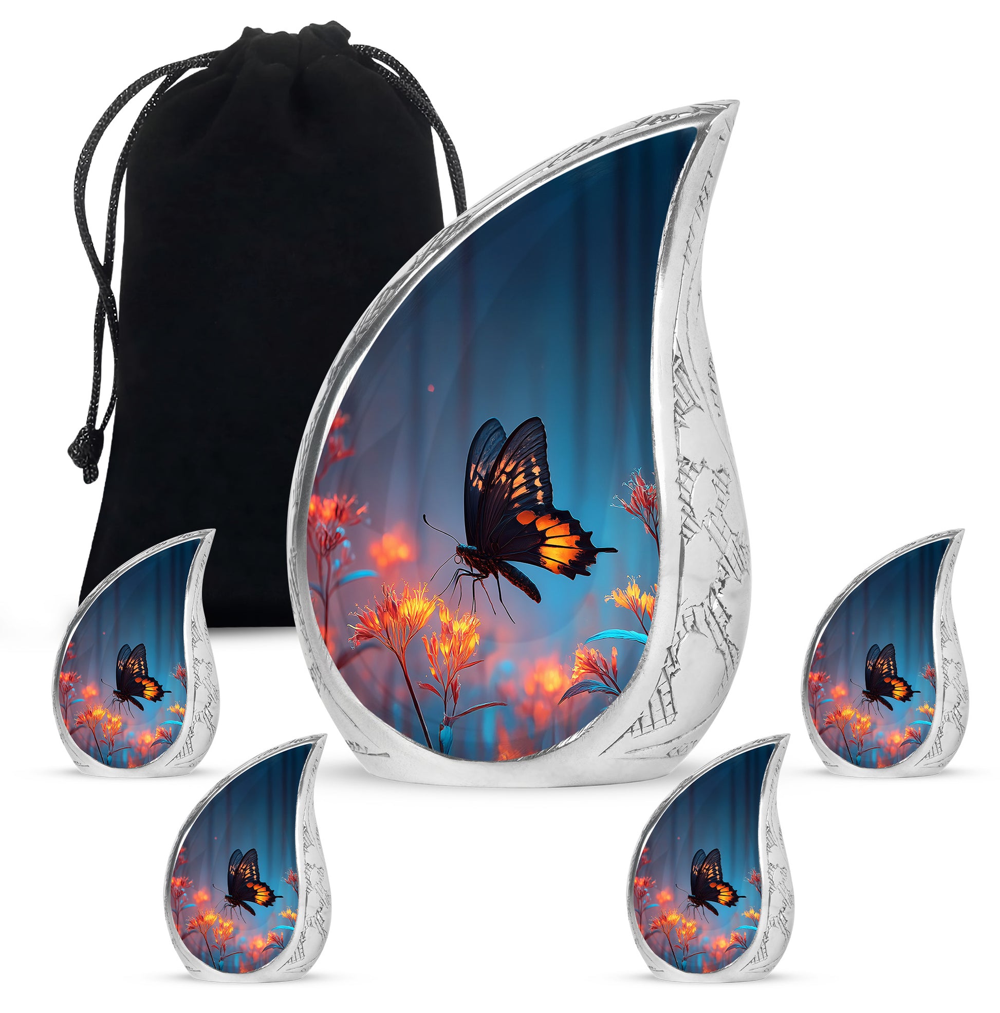 Celestial Blue Butterfly Cremation Urn side profile showing urn shape - flowing teardrop butterfly silhouette on curved aluminum - memorial set with one large and four small urns
