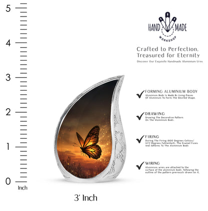 Matte Gold Butterfly Cremation Urn angled view of lid and engraved motif - graceful tear-shaped urn with butterfly motif - mini keepsake memorial for portion of cremation ashes