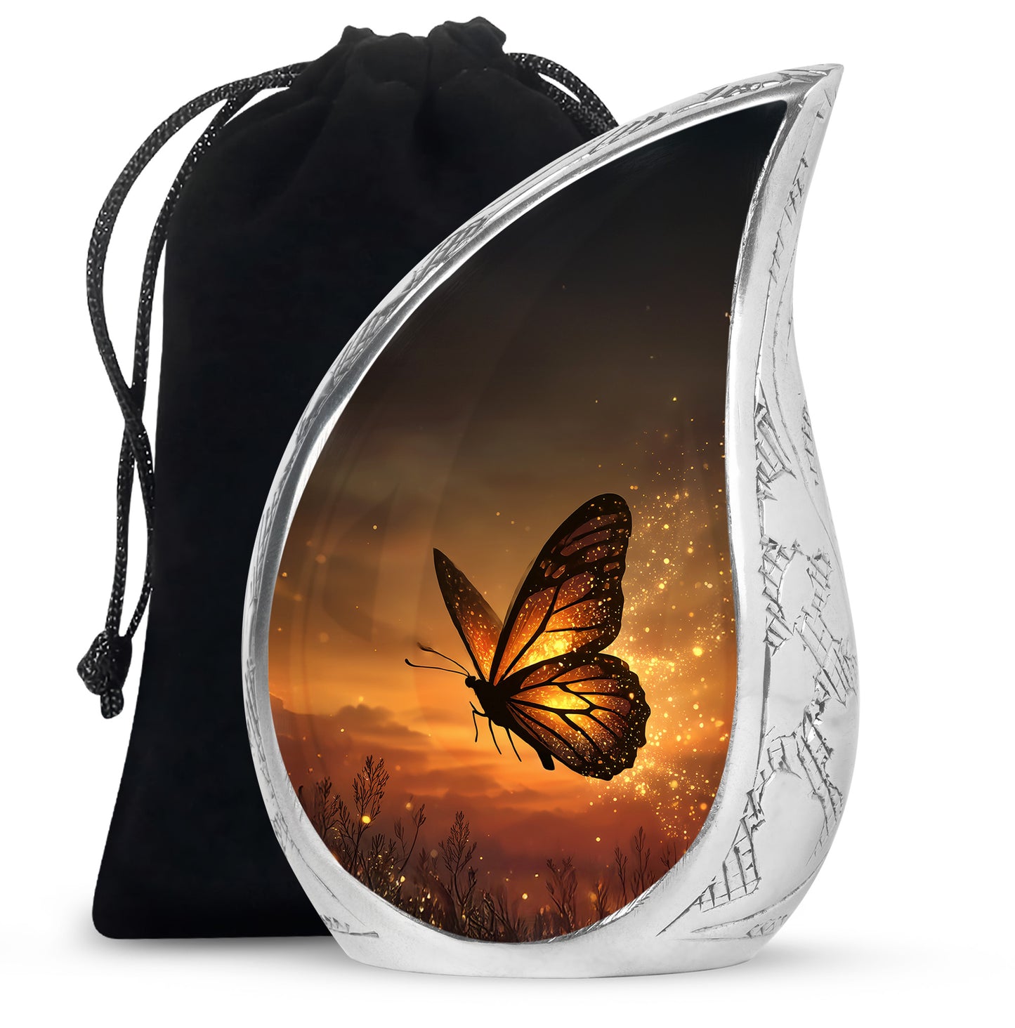 Sunrise Gold Butterfly Cremation Urn front view showing detailed design - flowing teardrop butterfly silhouette on curved aluminum - full-size 10 inch 200 cubic inch adult cremation urn