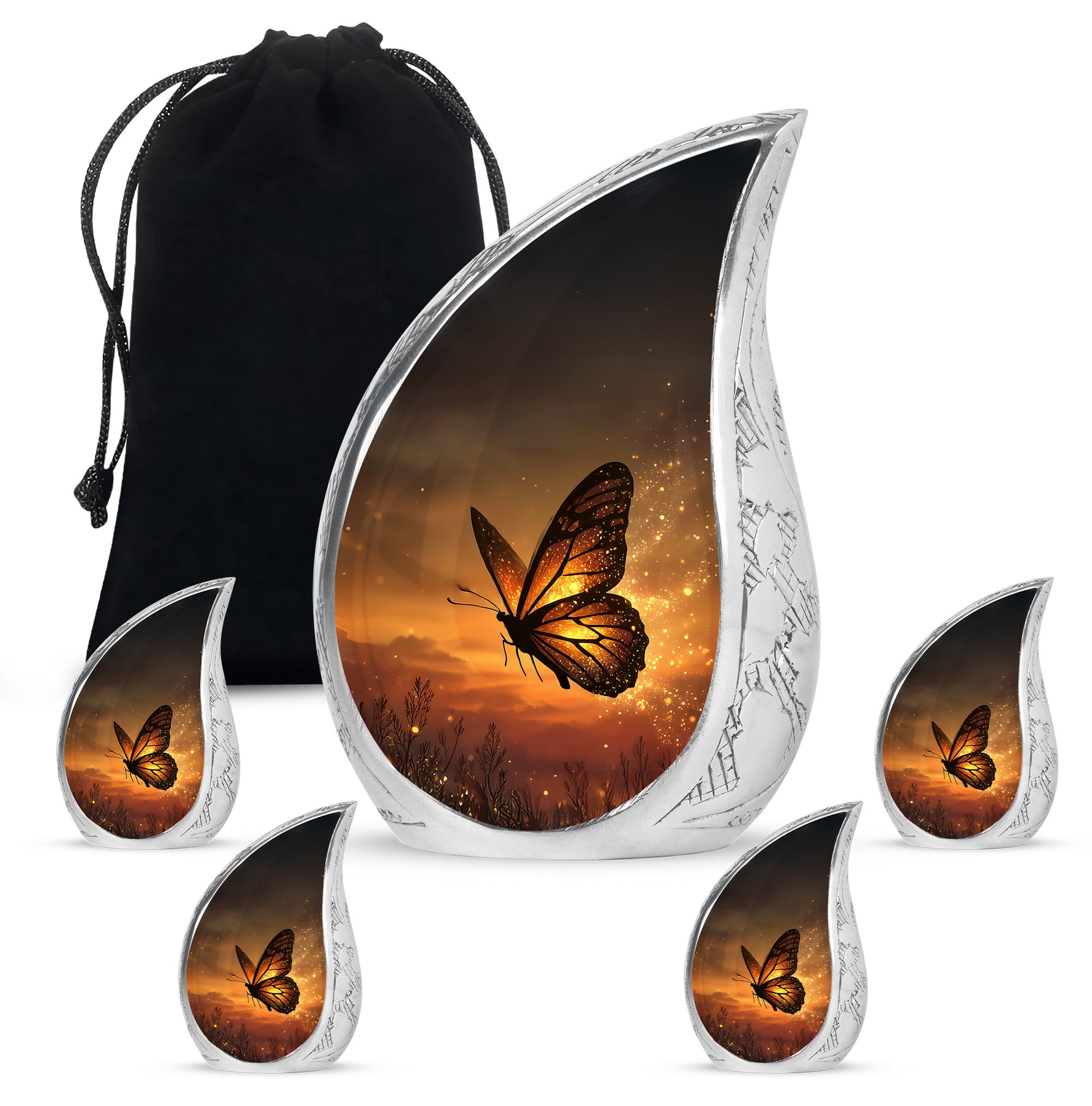 Amber Gold Butterfly Cremation Urn side profile showing urn shape - flowing teardrop butterfly silhouette on curved aluminum - memorial set with one large and four small urns