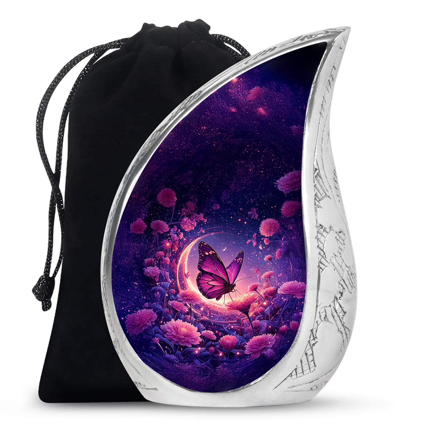 Pastel Blue Butterfly Cremation Urn front view showing detailed design - flowing teardrop butterfly silhouette on curved aluminum - full-size 10 inch 200 cubic inch adult cremation urn