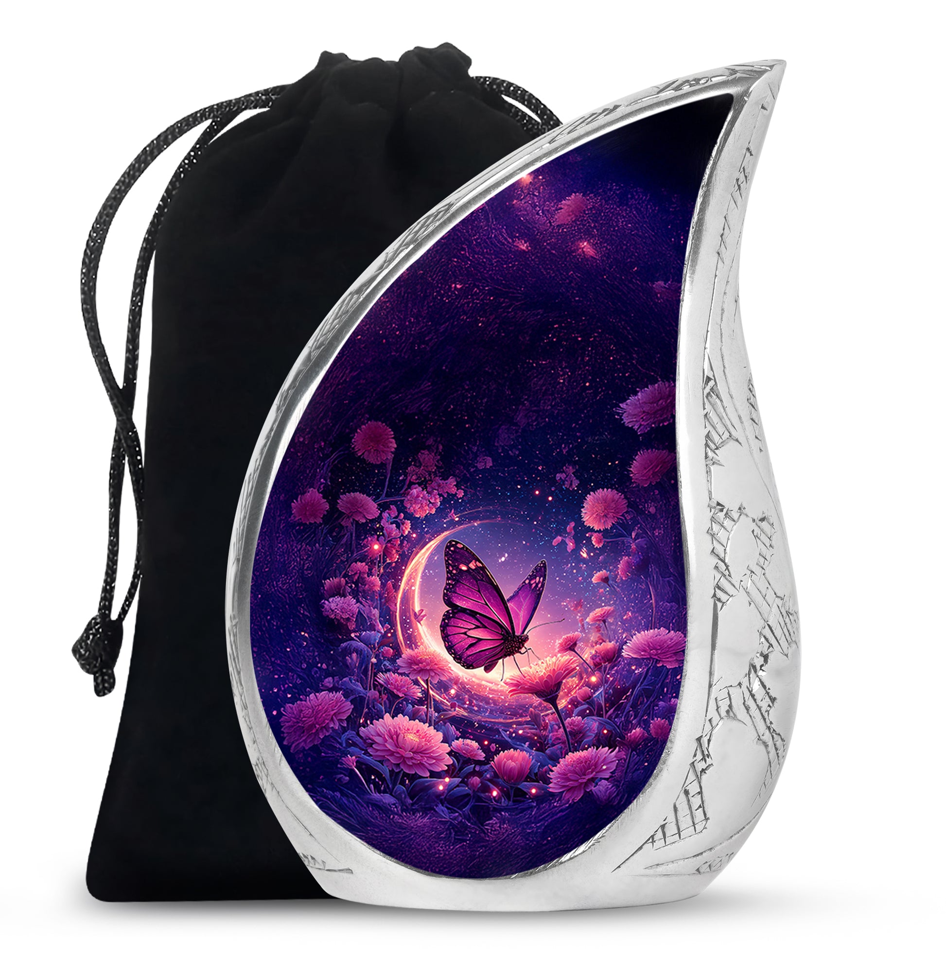 Pastel Blue Butterfly Cremation Urn front view showing detailed design - flowing teardrop butterfly silhouette on curved aluminum - full-size 10 inch 200 cubic inch adult cremation urn
