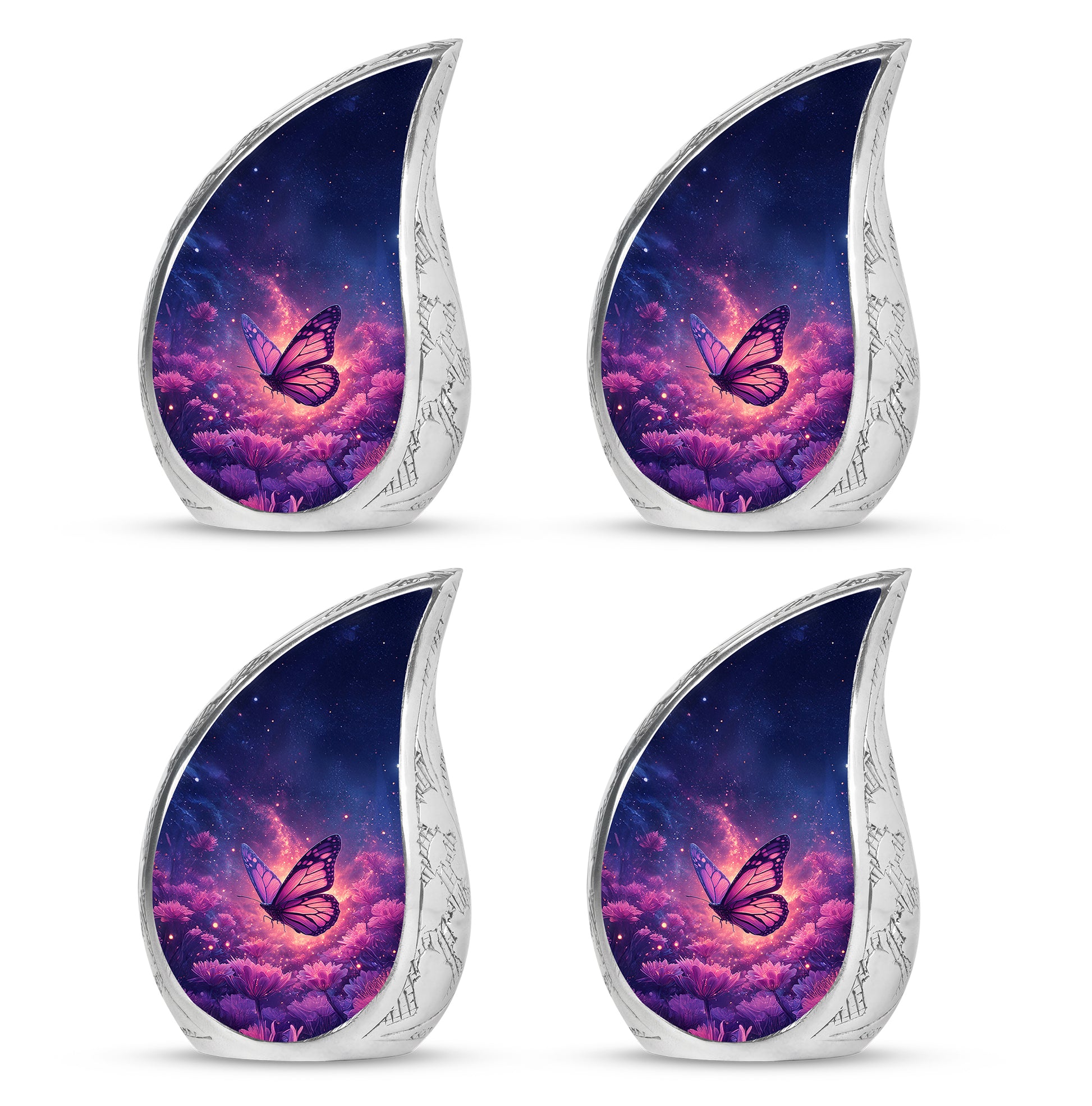 Sky Blue Butterfly Cremation Urn close-up of engraving and surface detail - flowing teardrop butterfly silhouette on curved aluminum - 10 inch aluminum urn for cremated remains