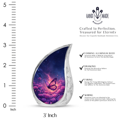 Powder Blue Butterfly Cremation Urn angled view of lid and engraved motif - flowing teardrop butterfly silhouette on curved aluminum - mini keepsake memorial for portion of cremation ashes