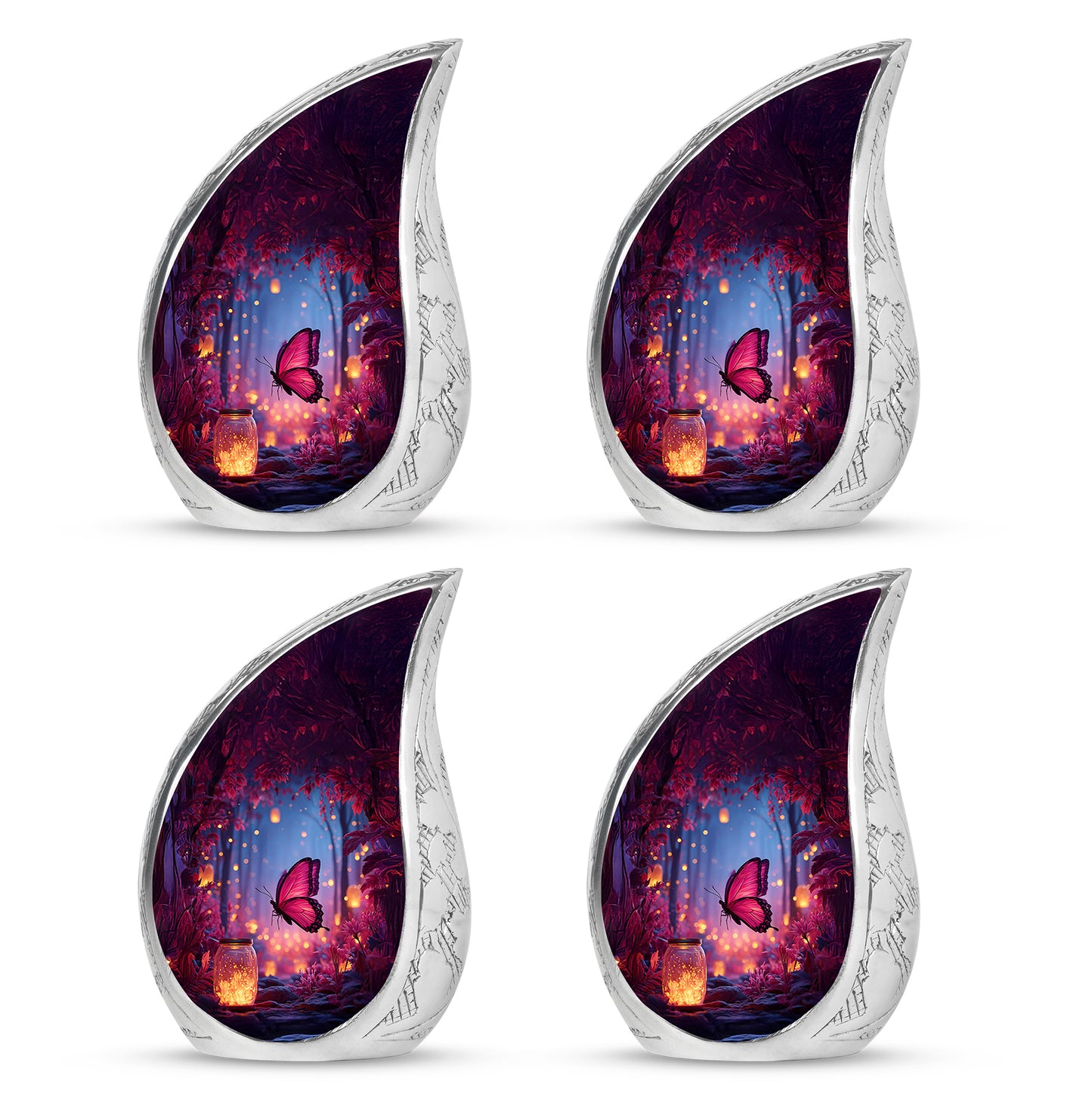 Calming Blue Butterfly Cremation Urn close-up of engraving and surface detail - smooth teardrop contour featuring butterfly art - 10 inch aluminum urn for cremated remains