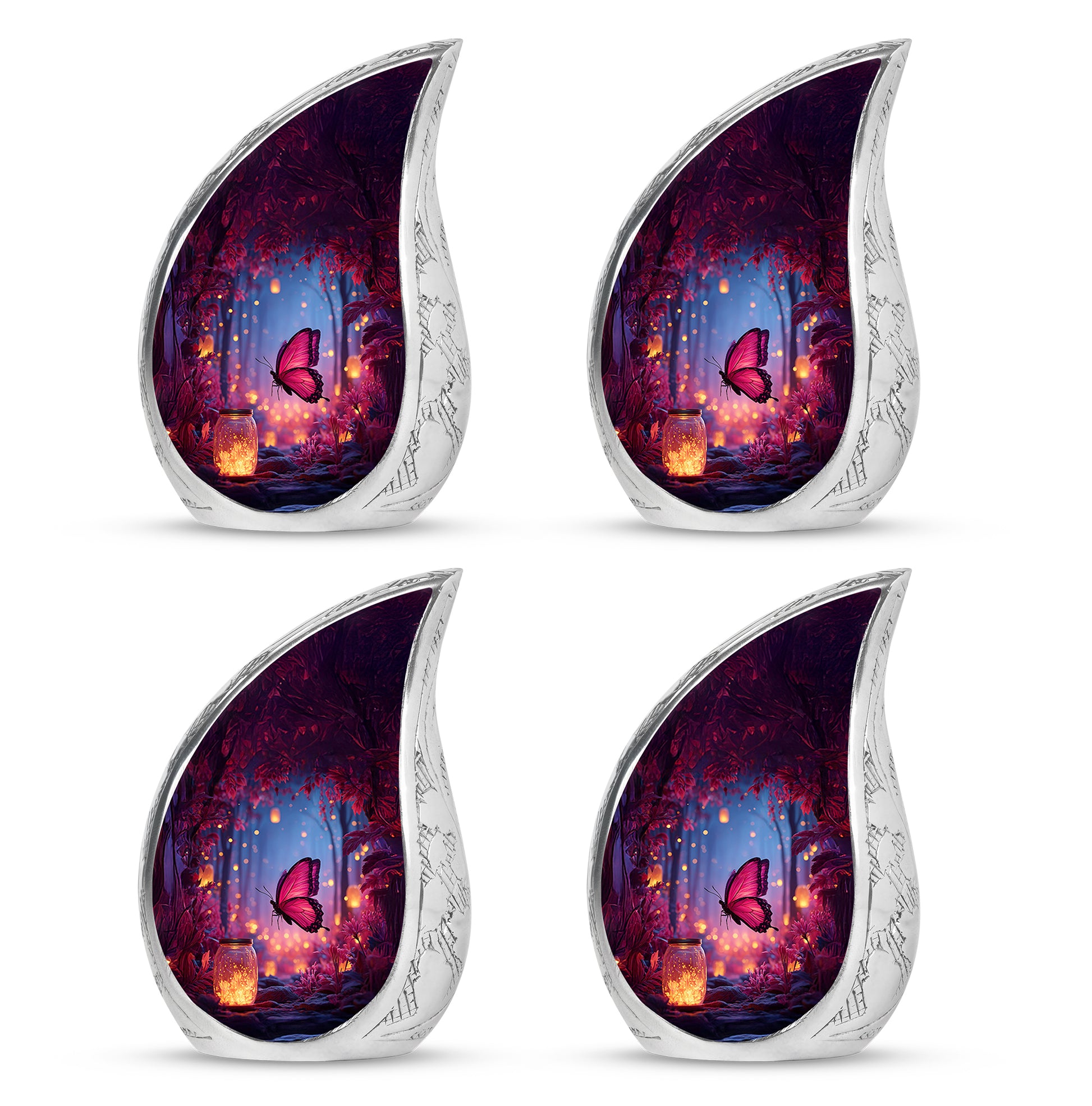 Calming Blue Butterfly Cremation Urn close-up of engraving and surface detail - smooth teardrop contour featuring butterfly art - 10 inch aluminum urn for cremated remains