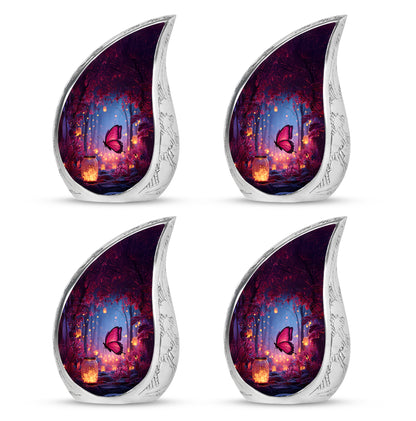 Calming Blue Butterfly Cremation Urn close-up of engraving and surface detail - smooth teardrop contour featuring butterfly art - 10 inch aluminum urn for cremated remains