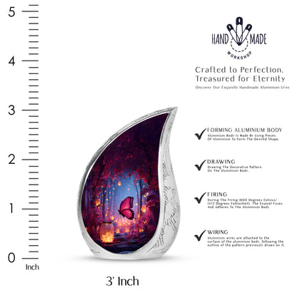Sky Blue Butterfly Cremation Urn angled view of lid and engraved motif - rounded teardrop butterfly design with delicate detail - mini keepsake memorial for portion of cremation ashes