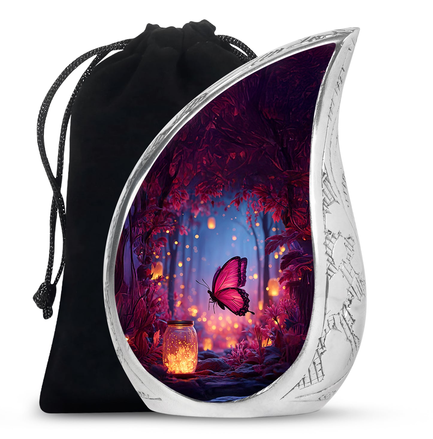 Sky Blue Butterfly Cremation Urn front view showing detailed design - flowing teardrop butterfly silhouette on curved aluminum - full-size 10 inch 200 cubic inch adult cremation urn