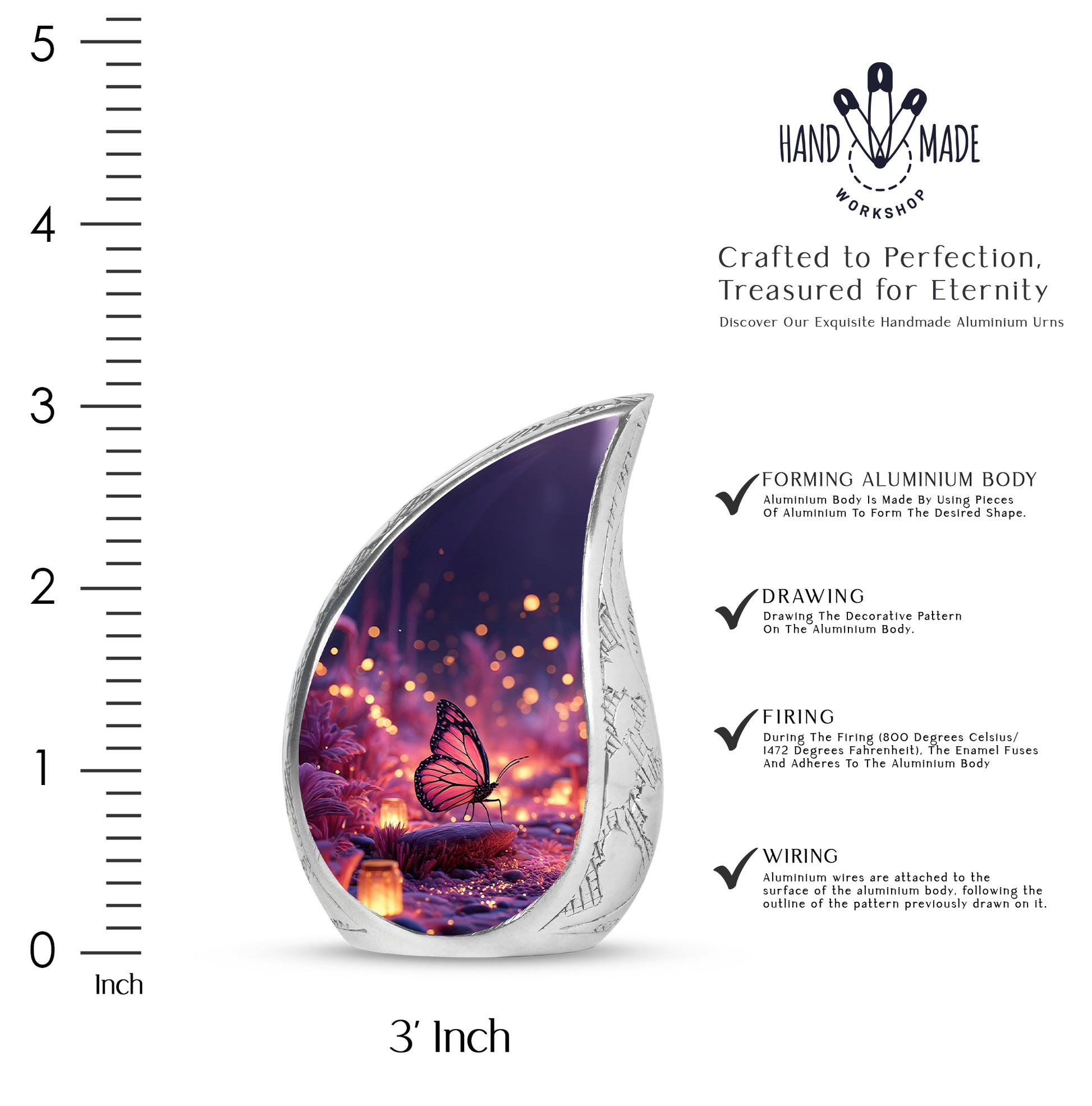Twilight Blue Butterfly Cremation Urn angled view of lid and engraved motif - smooth teardrop contour featuring butterfly art - mini keepsake memorial for portion of cremation ashes