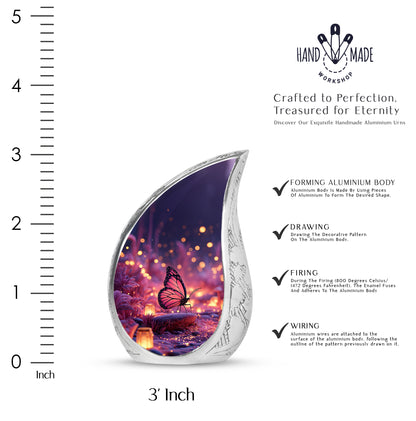 Twilight Blue Butterfly Cremation Urn angled view of lid and engraved motif - smooth teardrop contour featuring butterfly art - mini keepsake memorial for portion of cremation ashes