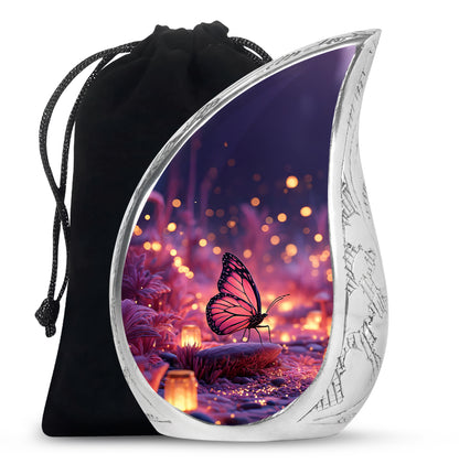 Serene Blue Butterfly Cremation Urn front view showing detailed design - graceful tear-shaped urn with butterfly motif - full-size 10 inch 200 cubic inch adult cremation urn